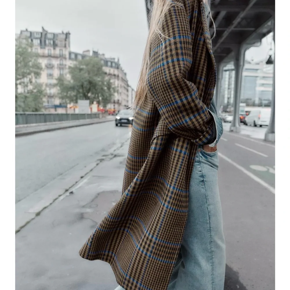Zara Oversized Plaid Blue and Brown Check Coat - Picture 4 of 7